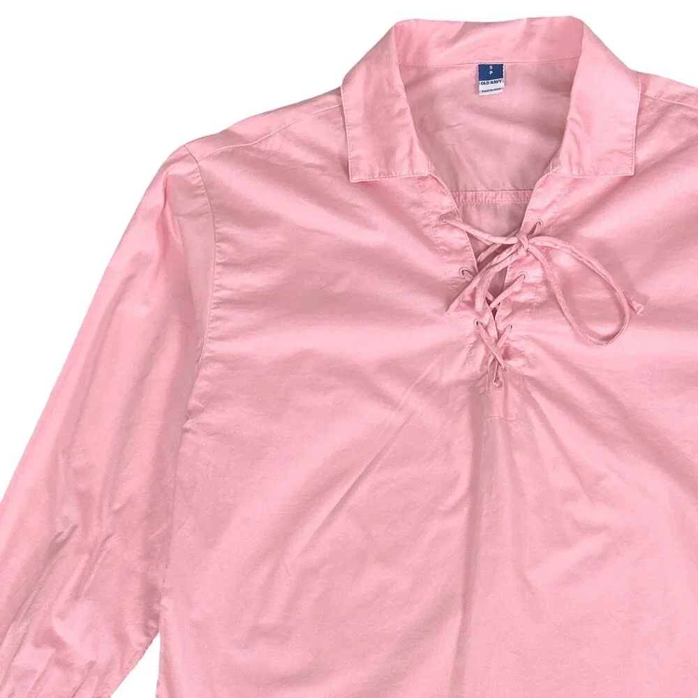 Old Navy Pink Lace-Up Poplin Poet Blouse Cottagecore Renaissance Small - Picture 8 of 16